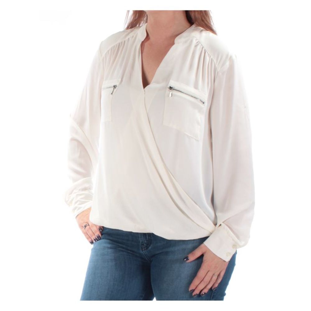 ALFANI Womens Ivory Zippered Cuffed V Neck Faux Wrap Top 14
